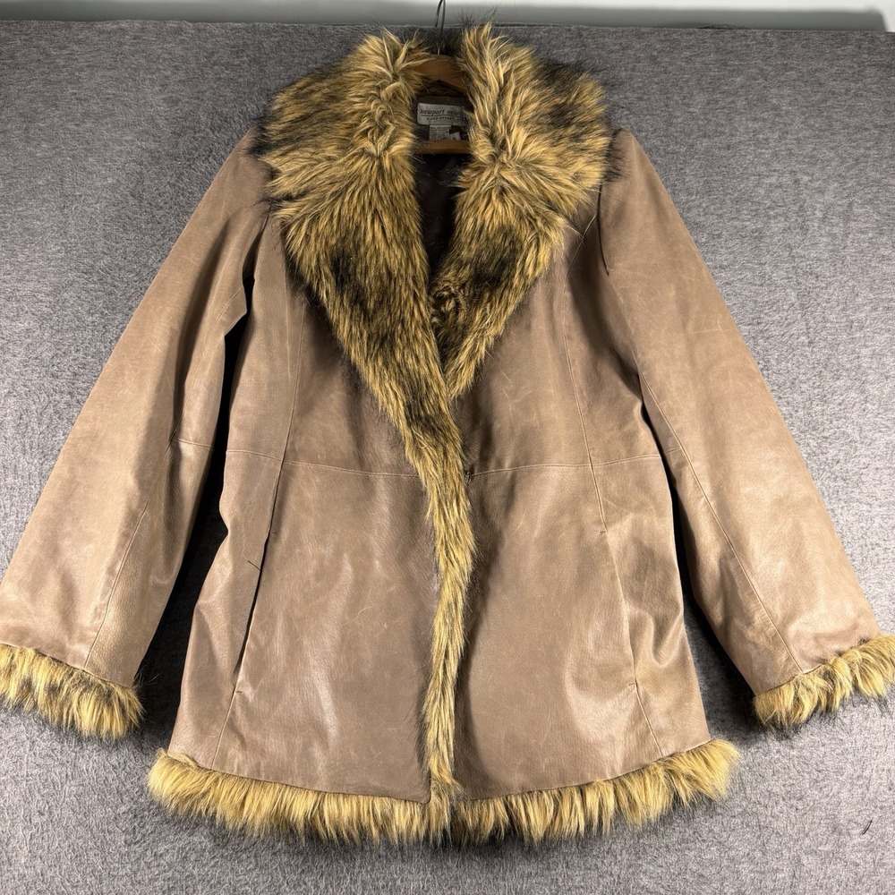 Women's Leather Coat Faux Fur Collar & Cuffs Size Small Penny Lane Mob Wife